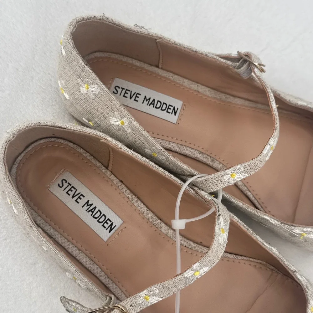 Steve Madden Linen Daisy Embroidered Mary Jane Flats Womens 8.5 Beige Square Toe